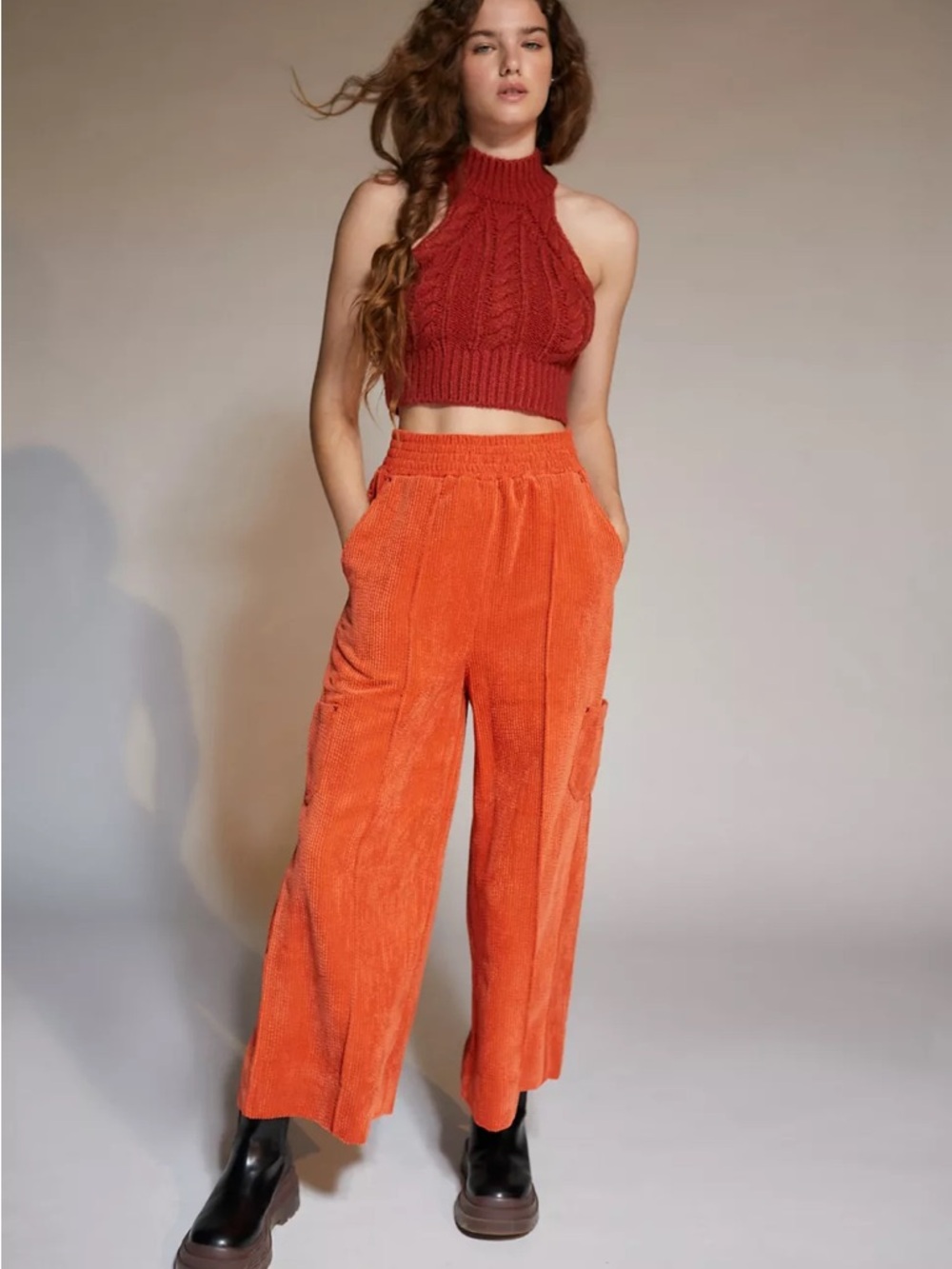 Urban Outfitters Drapey Corduroy Wide Leg High Waist Corduroy Pants in Orange